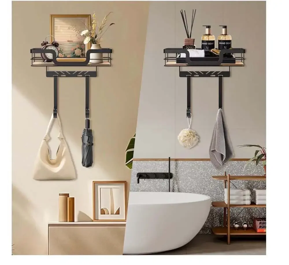 Multifunctional Wall Mounted Storage Shelf with Adjustable Hooks and Ironing Boa